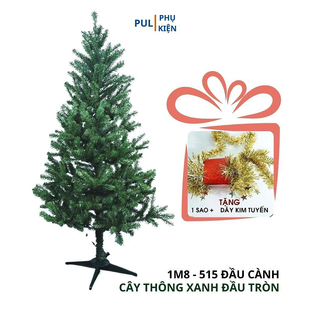 Cây thông noel xanh 1m8 kèm ngôi sao đỉnh và dây kim tuyến trang ...