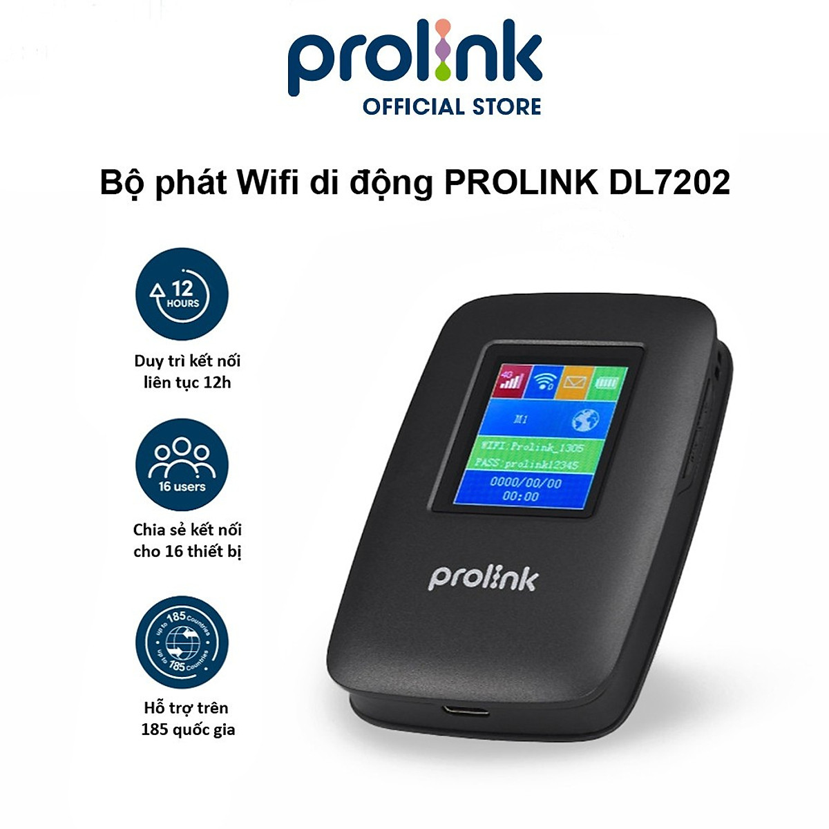 Bộ phát Wifi di động PROLiNK DL7202 dùng SIM 4G LTE 150Mbps, pin 3000mAH lên tới 12h, TFT 1.44", hỗ trợ 185 quốc gia - Hàng chính hãng