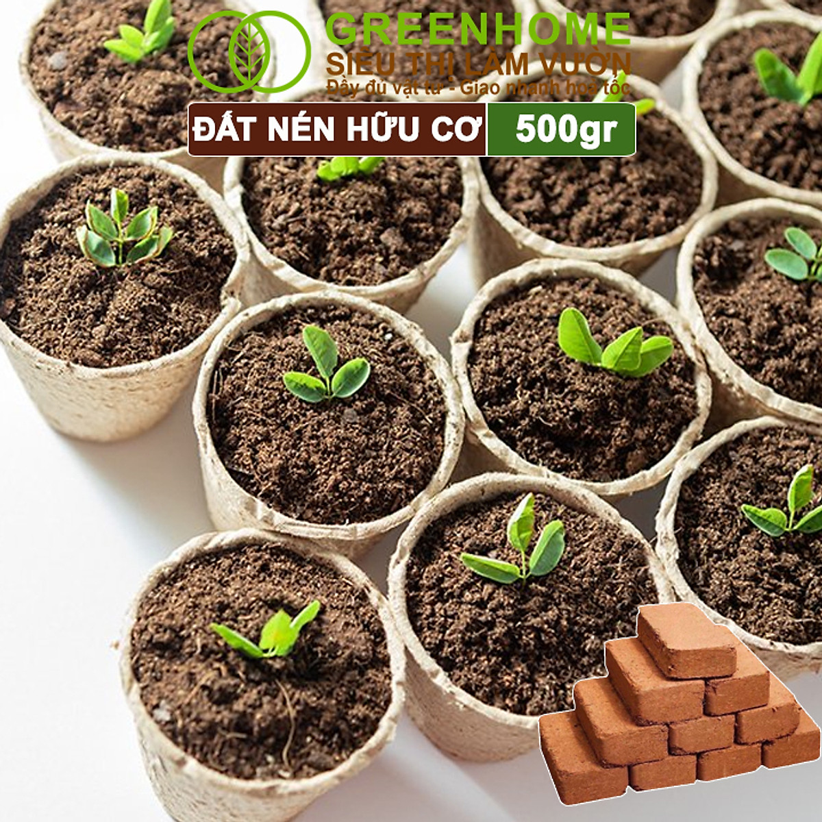 Đất Trồng Cây Greenhome, Viên Nén 500gr, Đã Qua Xử Lý, Bổ Sung Vi Sinh, Nở Gấp 5 Lần, Trồng Rau Hoa