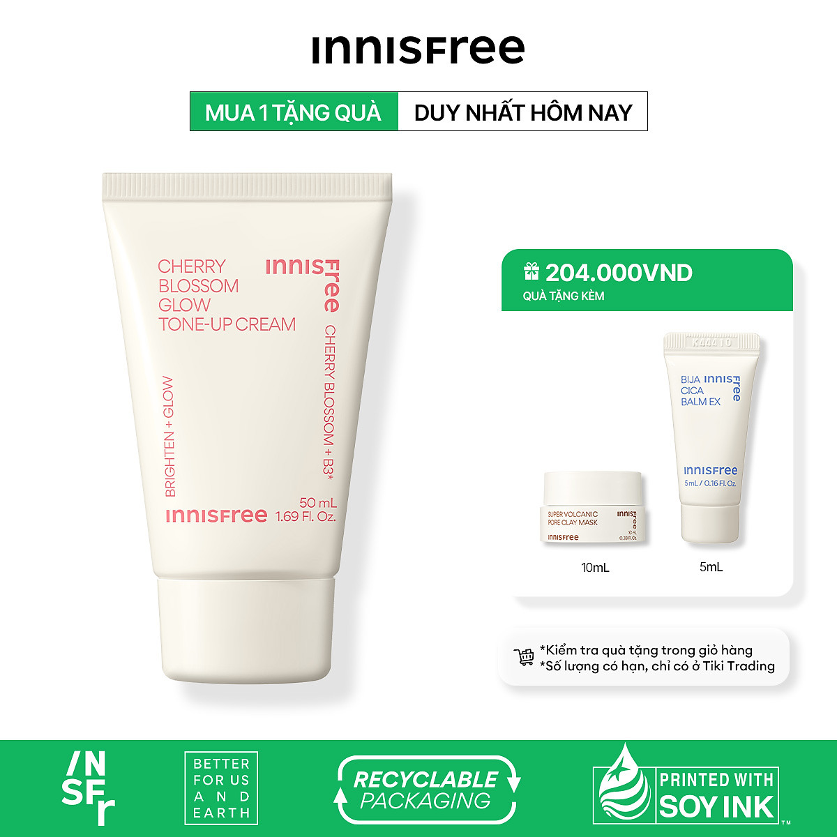 Kem dưỡng ẩm sáng da hoa anh đào đảo Jeju innisfree Cherry Blossom Tone Up Cream 50ml