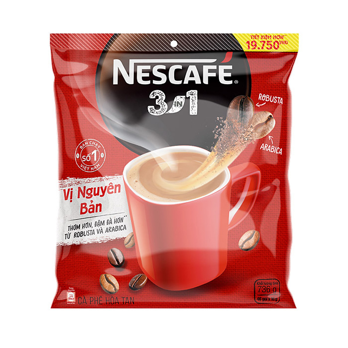 Cà phê hoà tan NESCAFÉ 3IN1 VỊ NGUYÊN BẢN - công thức cải tiến (bịch 46 gói x 16g)