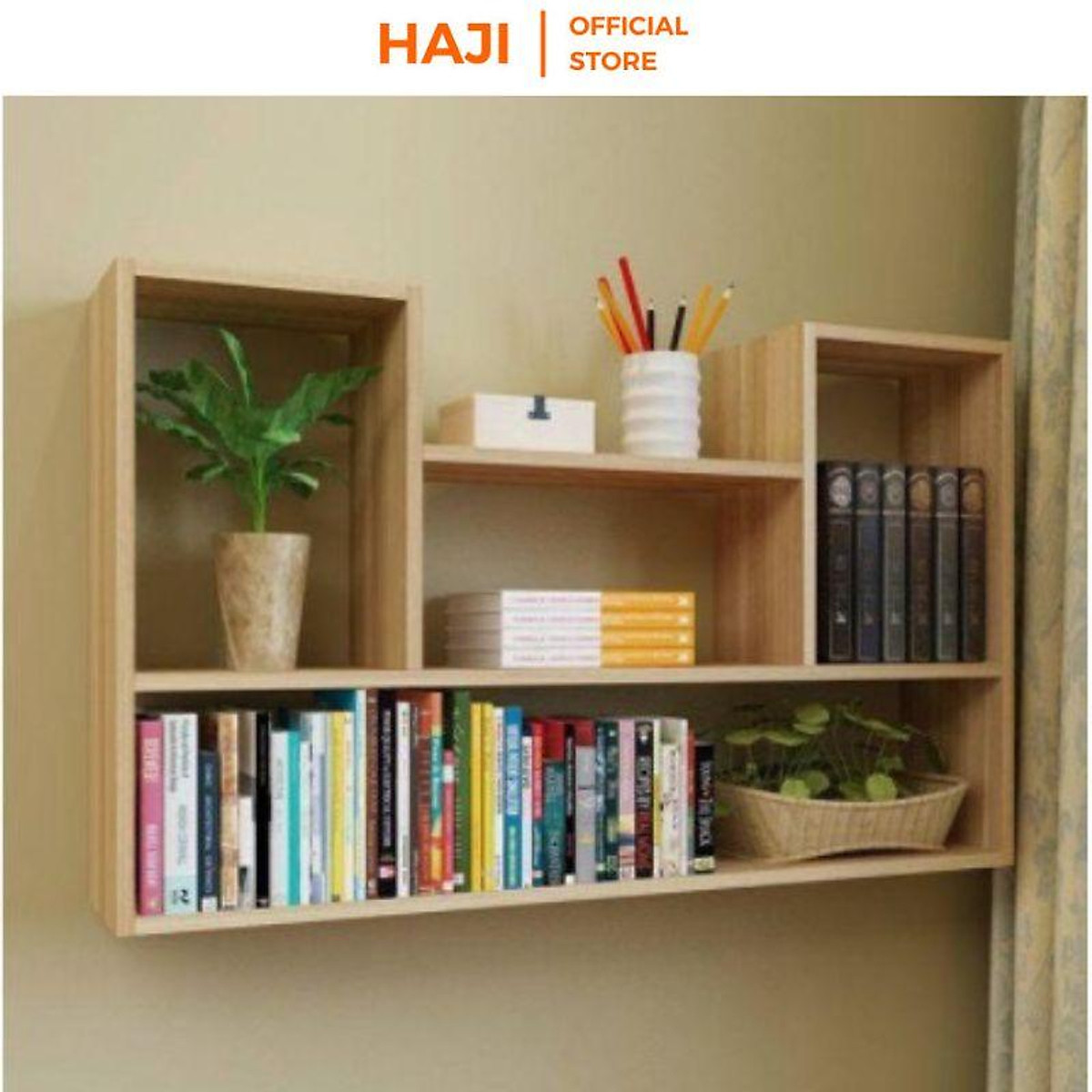 Kệ sách gỗ treo tường HAJI hình chữ U hiện đại, Kệ trang trí gỗ chắc