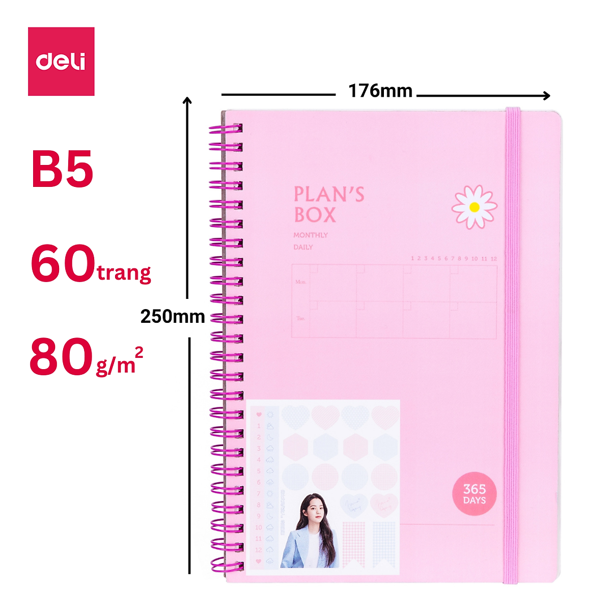 Sổ Tay Ghi Chép Gáy Lò Xo 60 Trang Deli - Khổ A5/B5 - Xanh Dương/Hồng/Xanh Lá - 24200/24201