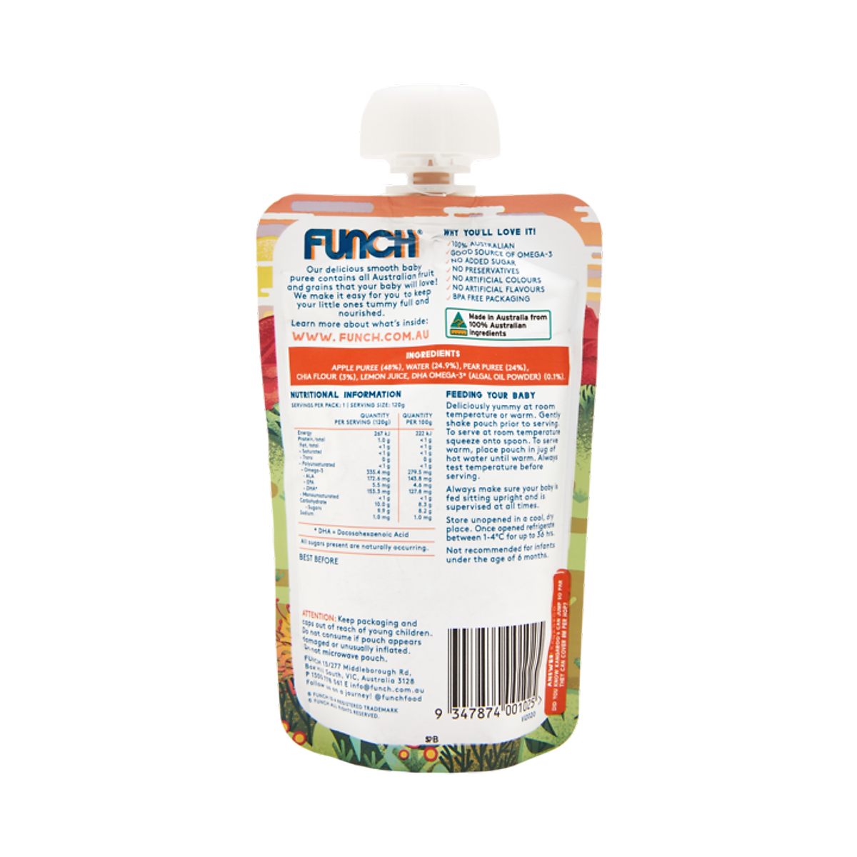 (6 tháng tuổi+) Trái Cây Nghiền 100% Nguyên Chất Funch Úc Vị Táo, Lê, Hạt Chia 120g