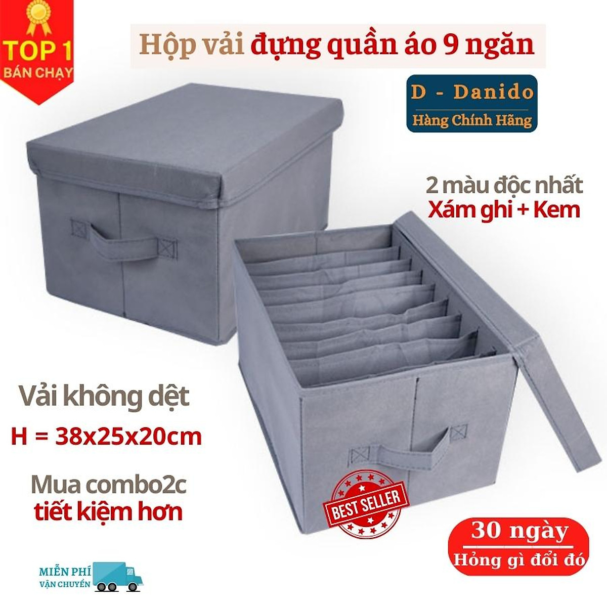 Hộp vải đựng đồ chia 9 ngăn và 16 ngăn sắp xếp quần áo D Danido - Khay đựng đồ chia ngăn tiện ích, chất liệu cao cấp vải không dệt có nắp