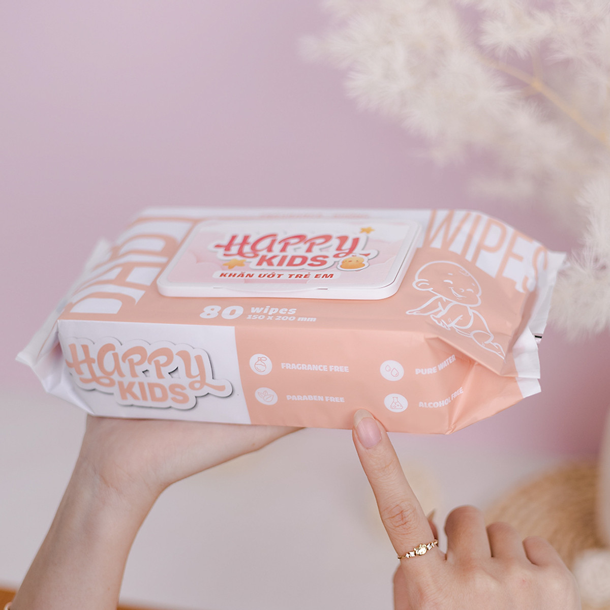 Khăn ướt trẻ em Happy Kids gói 80 tờ không mùi siêu tiết kiệm cho bé