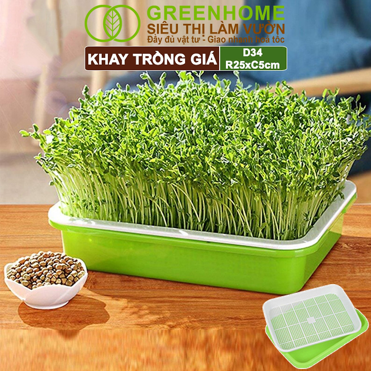 Khay Trồng Rau Greenhome, D34xR25xC5cm, Nhựa Nguyên Sinh, An Toàn, Chuyên Trồng Giá, Rau Mầm Tại Nhà, Không Cần Đất