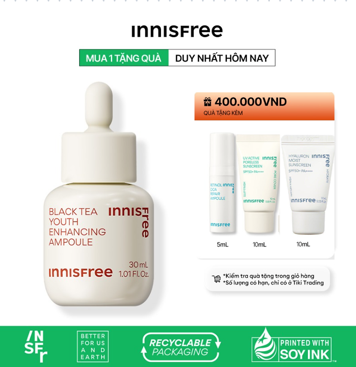 Tinh chất phục hồi da và chống lão hóa trà đen innisfree Black Tea Youth Ampoule 30 mL (New 2023)
