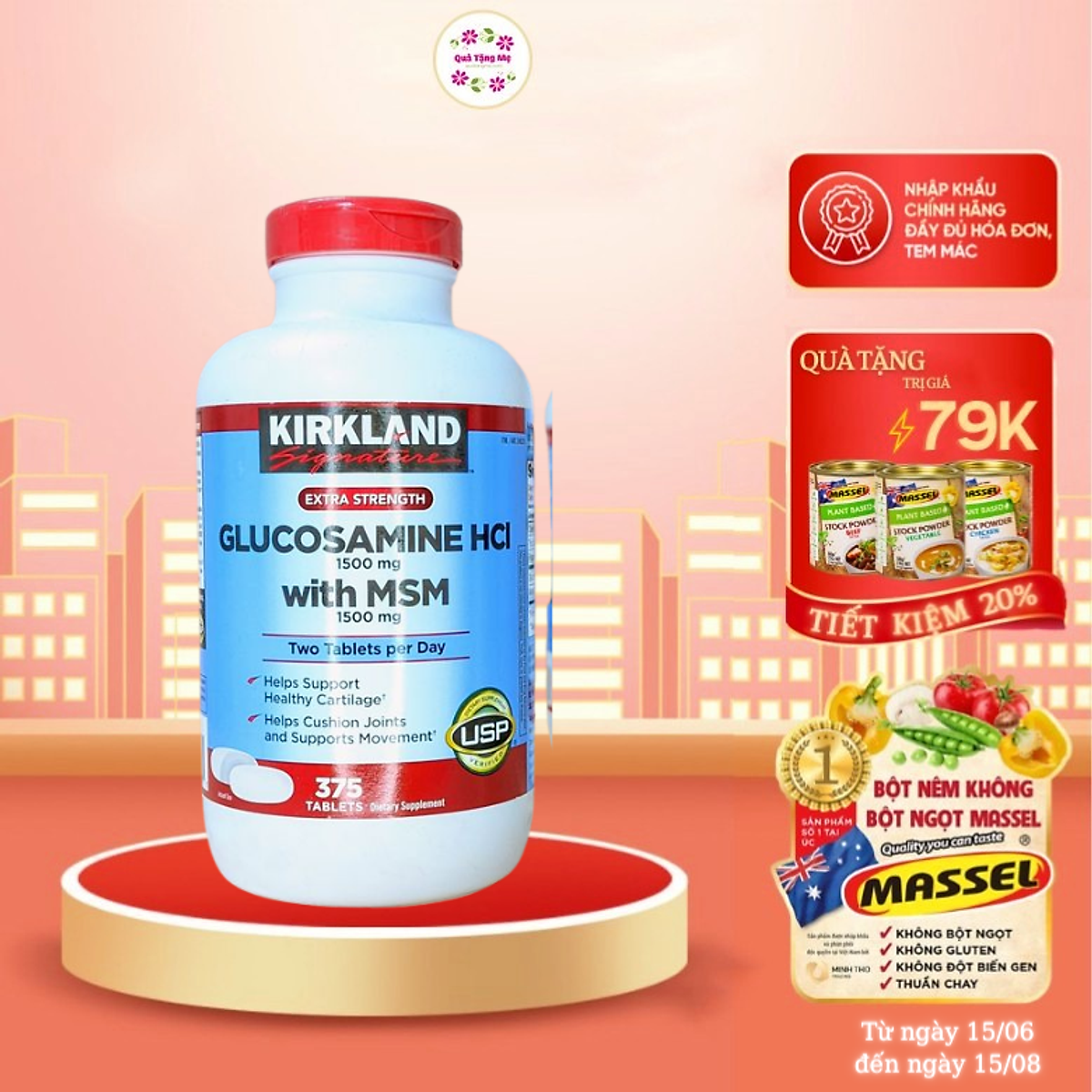 Glucosamine 1500mg MSM 1500mg Kirkland Signature - Phục hồi sụn khớp, Giảm đau nhức xương khớp và Hỗ trợ sự vận động linh hoạt hiệu quả - QuaTangMe Extaste