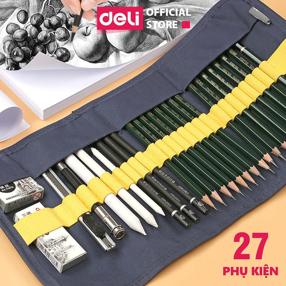 Bộ Túi Dụng Cụ Vẽ Phác Thảo 22 Phụ Kiện Deli -Vẽ Mỹ Thuật Được Giáo Viên Đề Xuất