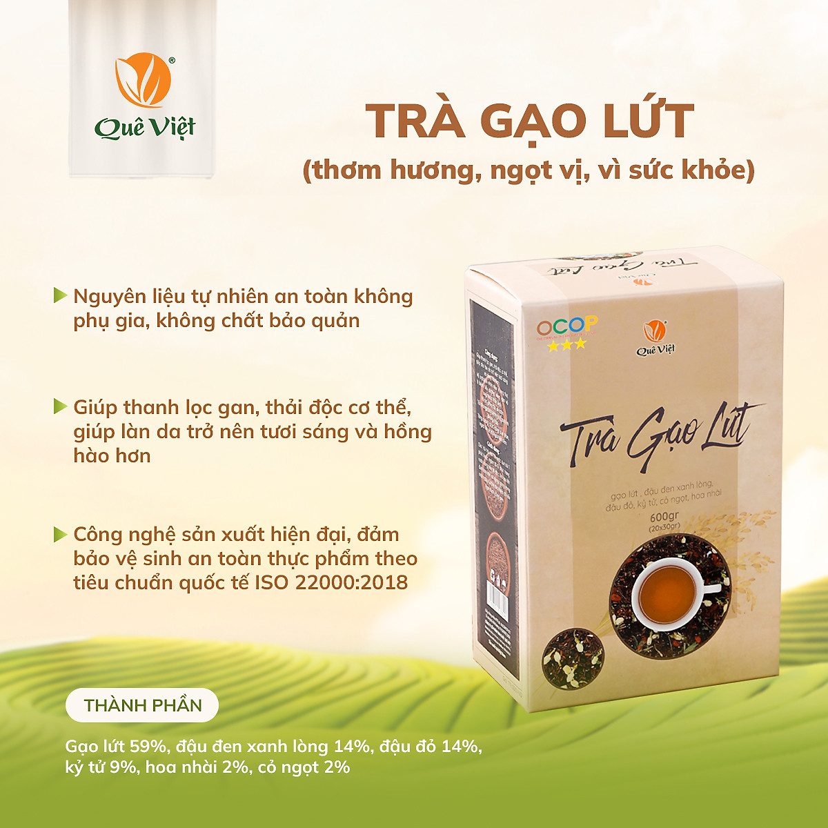 Combo 3 hộp trà gạo lứt + tặng cốc gốm sứ Bát Tràng cao cấp - Hộp 600g( 30gx 20 túi)
