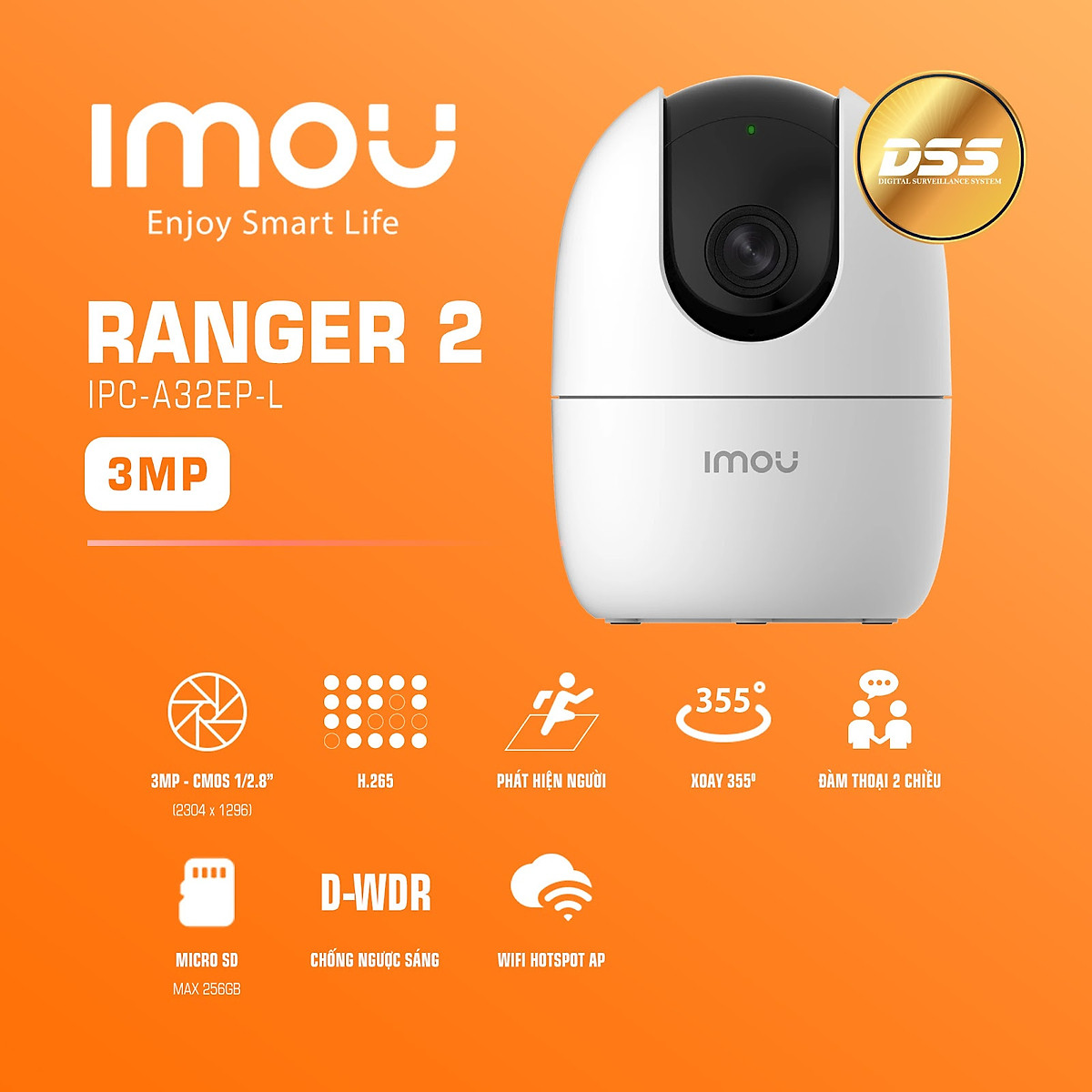 Camera WiFi Imou A32EP L 3.0MP (2K) [Kèm thẻ nhớ 64GB] Chuẩn nén H.265 Đàm thoại 2 chiều Quan sát ngày đêm Xoay 360° - Hàng chính hãng DSS phân phối