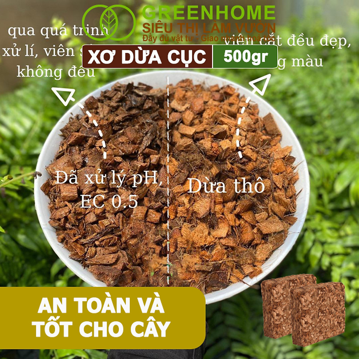 Xơ Dừa Cục Greenhome, Viên 500gr, Sơ Dừa Nén, Nở Gấp 5 Lần, Kích Thích Rễ, Thoát Nước Tốt Giá Thể Kiểng Lá, Phong Lan