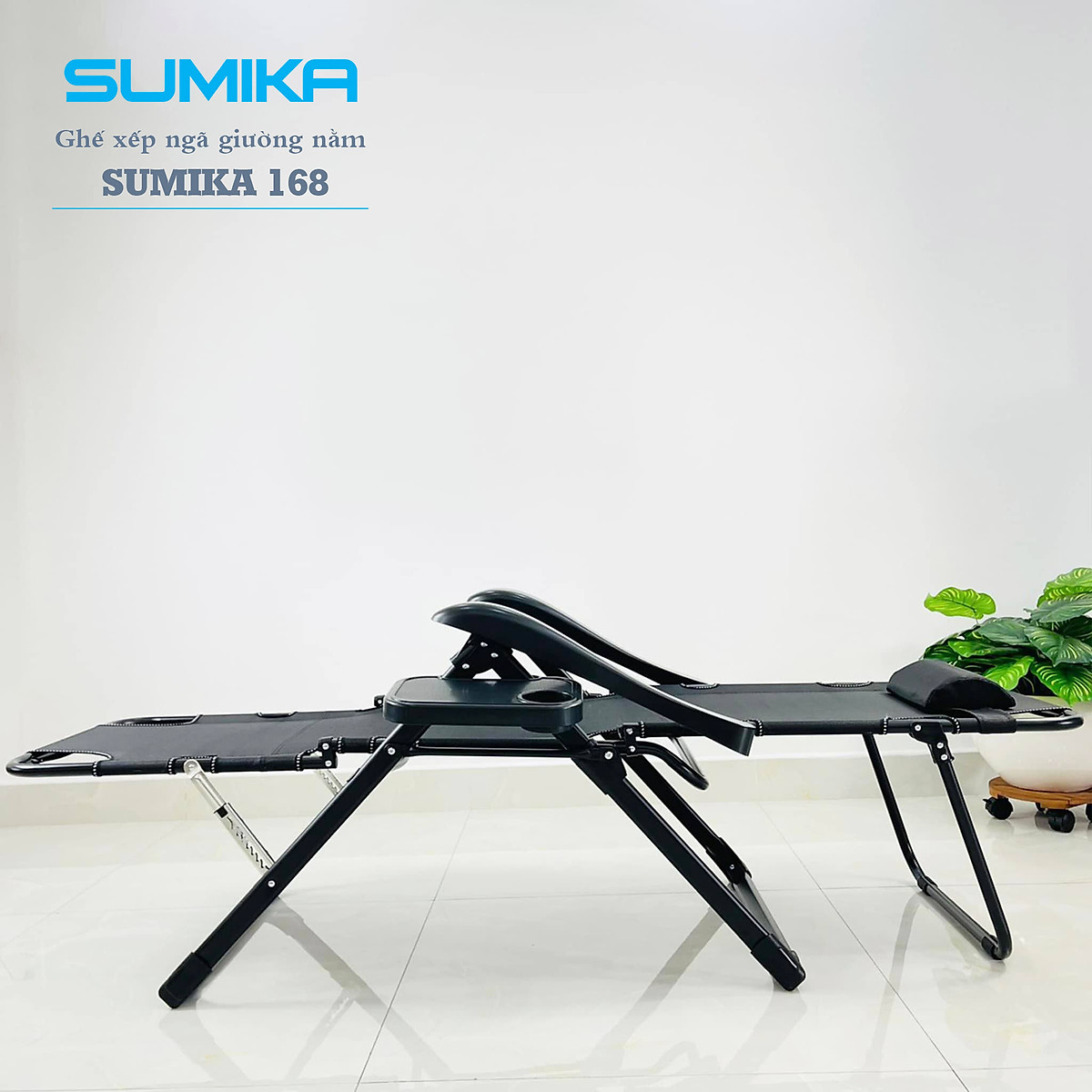 Ghế xếp thư giãn cao cấp SUMIKA 168 - Có thể ngã thành giường nằm, vải lưới Textilene thoáng khí, gối có thể tháo rời, tải trọng 300kg, khung ghế bằng thép không gỉ, đế chống trượt