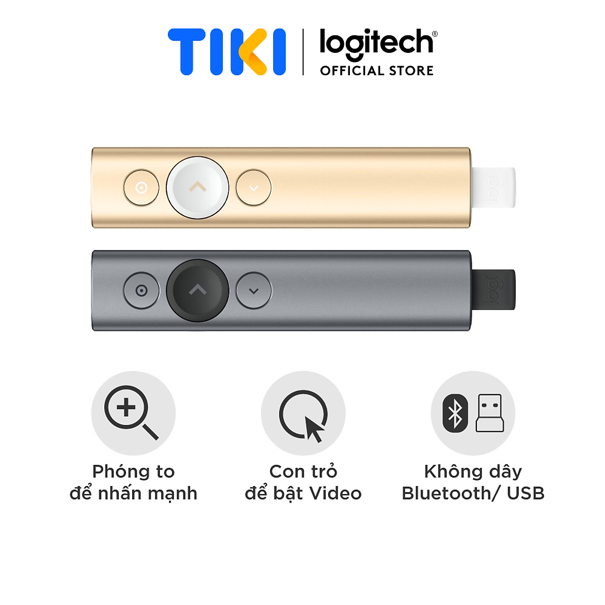 Bút trình chiếu từ xa Logitech Spotlight - không dây đến 30m, kết nối Bluetooth và USB, phóng to để nhấn mạnh, điều khiển con trỏ bật video - Hàng chính hãng