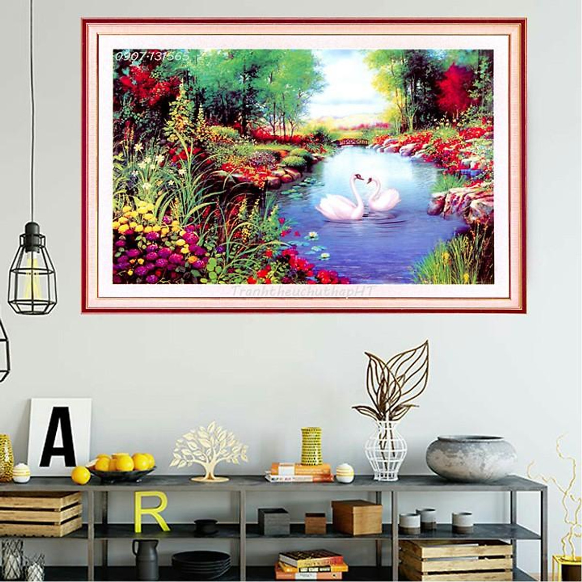 Mua Tranh đính đá - Tranh thêu chữ thập phong cảnh mùa xuân bên hồ size  75*50cm - tự thêu - Thêu: 63*43cm tại Cửa Hàng HT