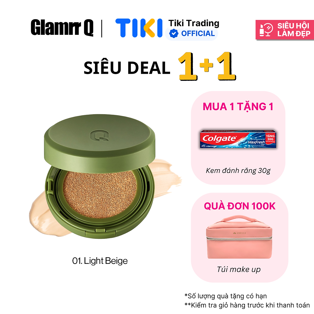 Phấn nước trang điểm căng bóng thuần chay GLAMRR Q VEGAN SUPER GLOW CUSHION (1 lõi x 15g) by Gilaa