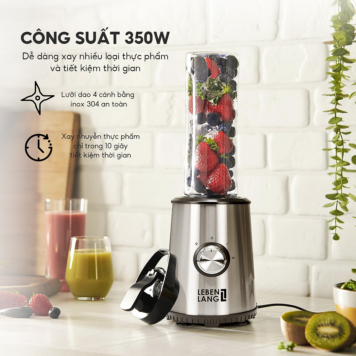 Máy xay sinh tố LEBENLANG gồm 2 cối tích hợp bình chứa dung tích 300-600ml, công suất 350W, model LBSP8648 - hàng chính hãng