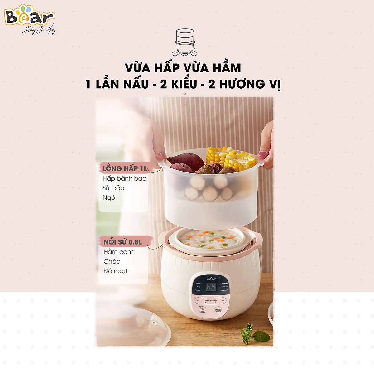 Nồi Chưng Yến, Nồi Tiềm Thuốc Bắc, Nồi Nấu Chậm BEAR SUBE001 Kèm Lồng Hấp Dung Tích 0.8 Lít, Công Suất 200 W - Hàng Chính Hãng