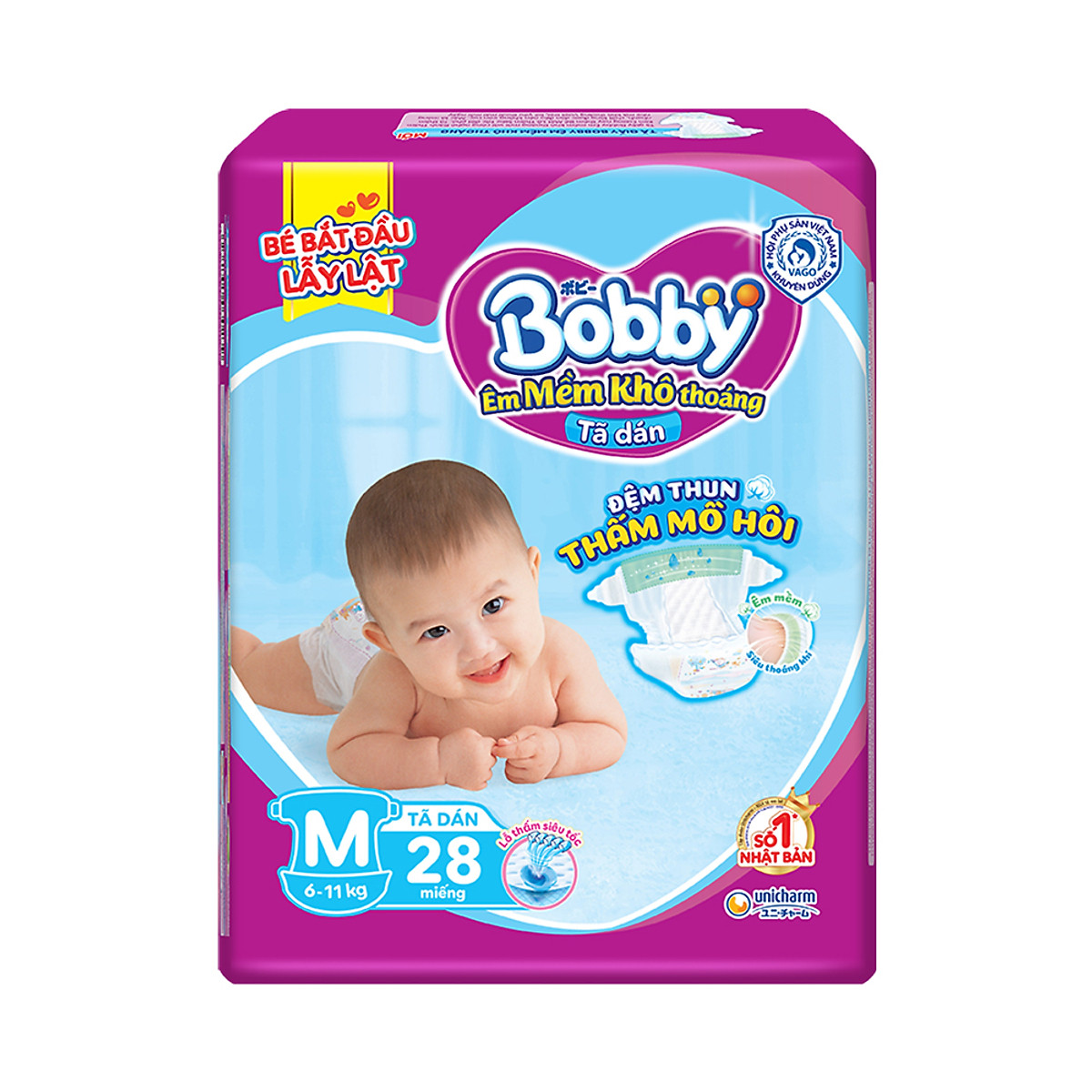Tã dán Bobby đệm lưng thấm mồ hôi siêu thấm khô thoáng size M