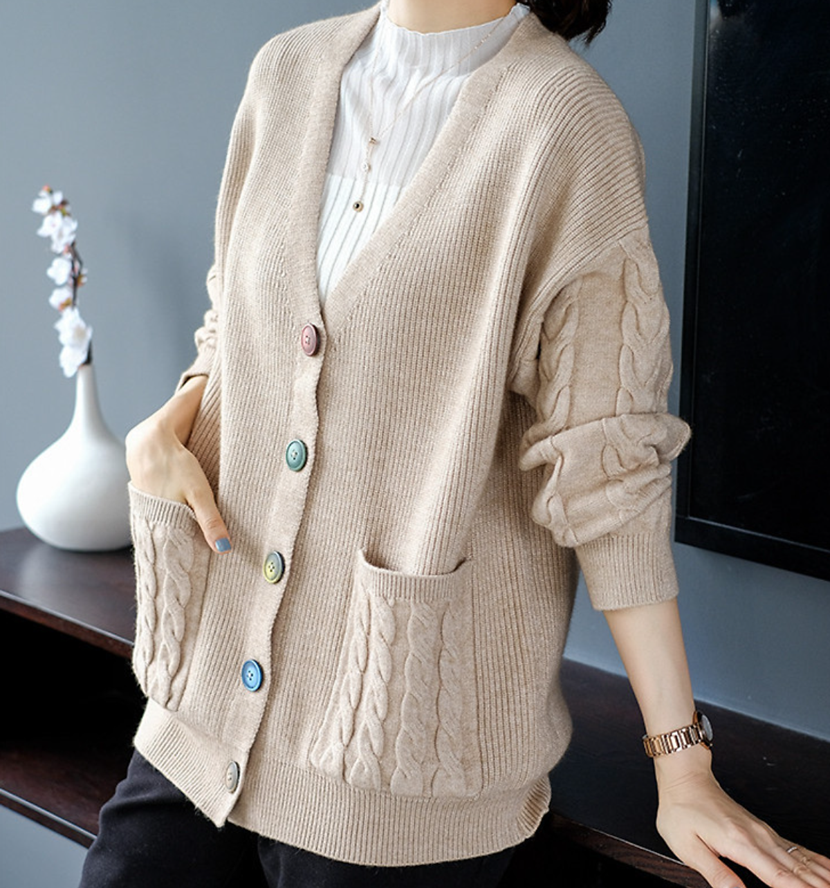Áo Khoác Cardigan Nữ Cổ V Phong Cách Thu Đông Hàn Quốc ALN043 MayHomes Chất Liệu Len