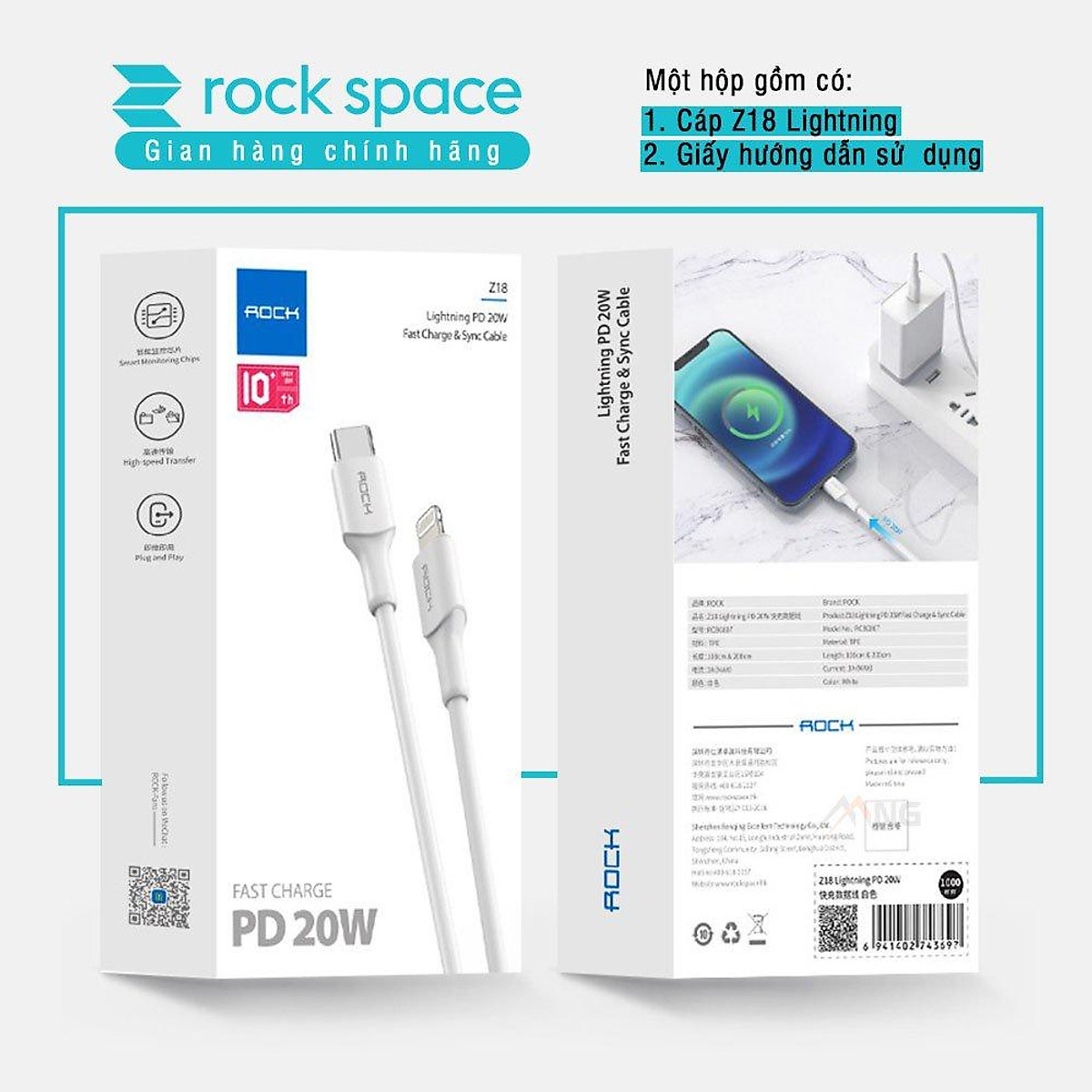 Dây cáp sạc nhanh 12 Rock Z18 dành cho Iphone , độ dài 2m, sạc nhanh 20W chuẩn PD - Hàng chính hãng