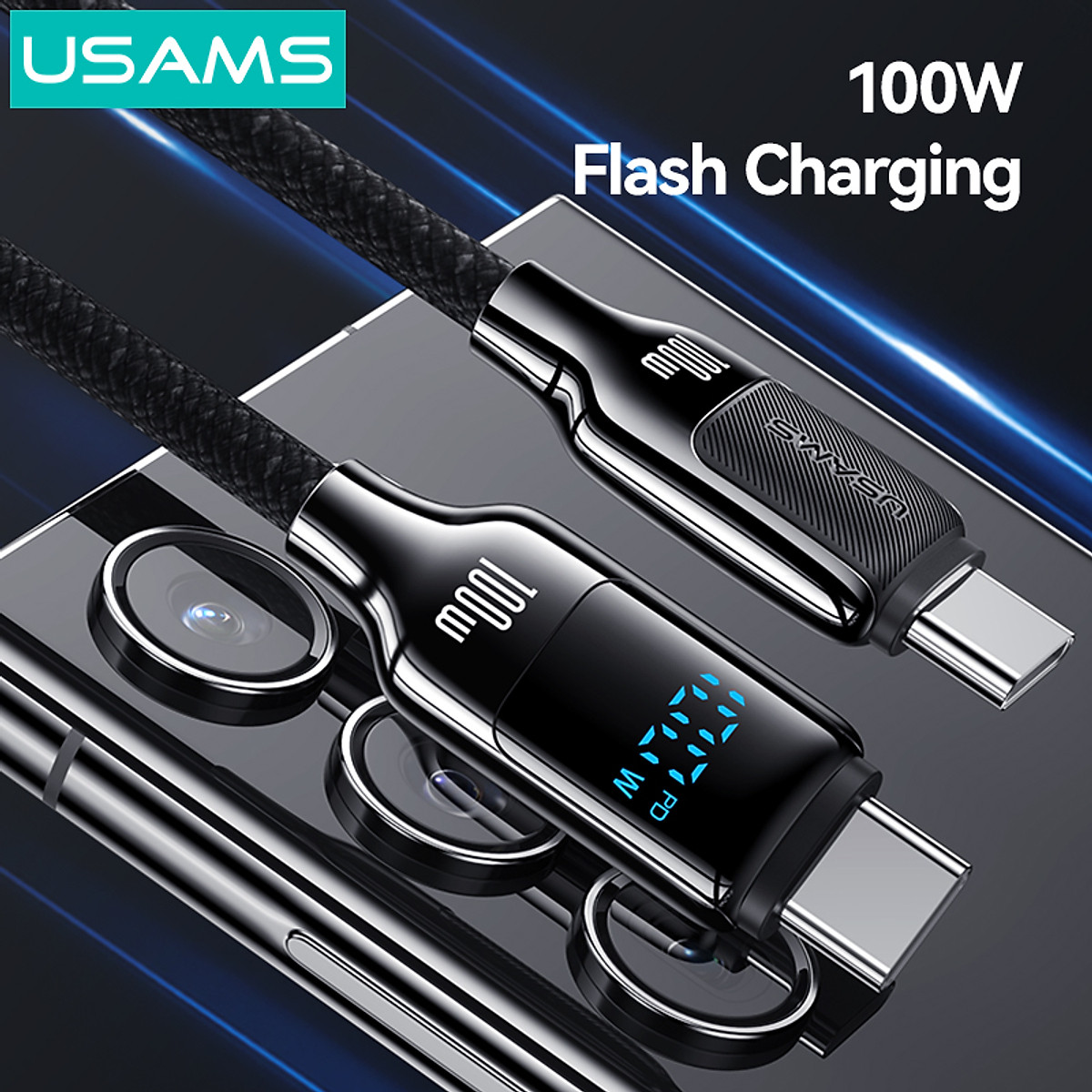 Cáp sạc nhanh USAMS SJ742 Type-C To Type-C 100W Digital Display Zinc Alloy HX Series tương thích IP15 series ( Hàng Chính Hãng)