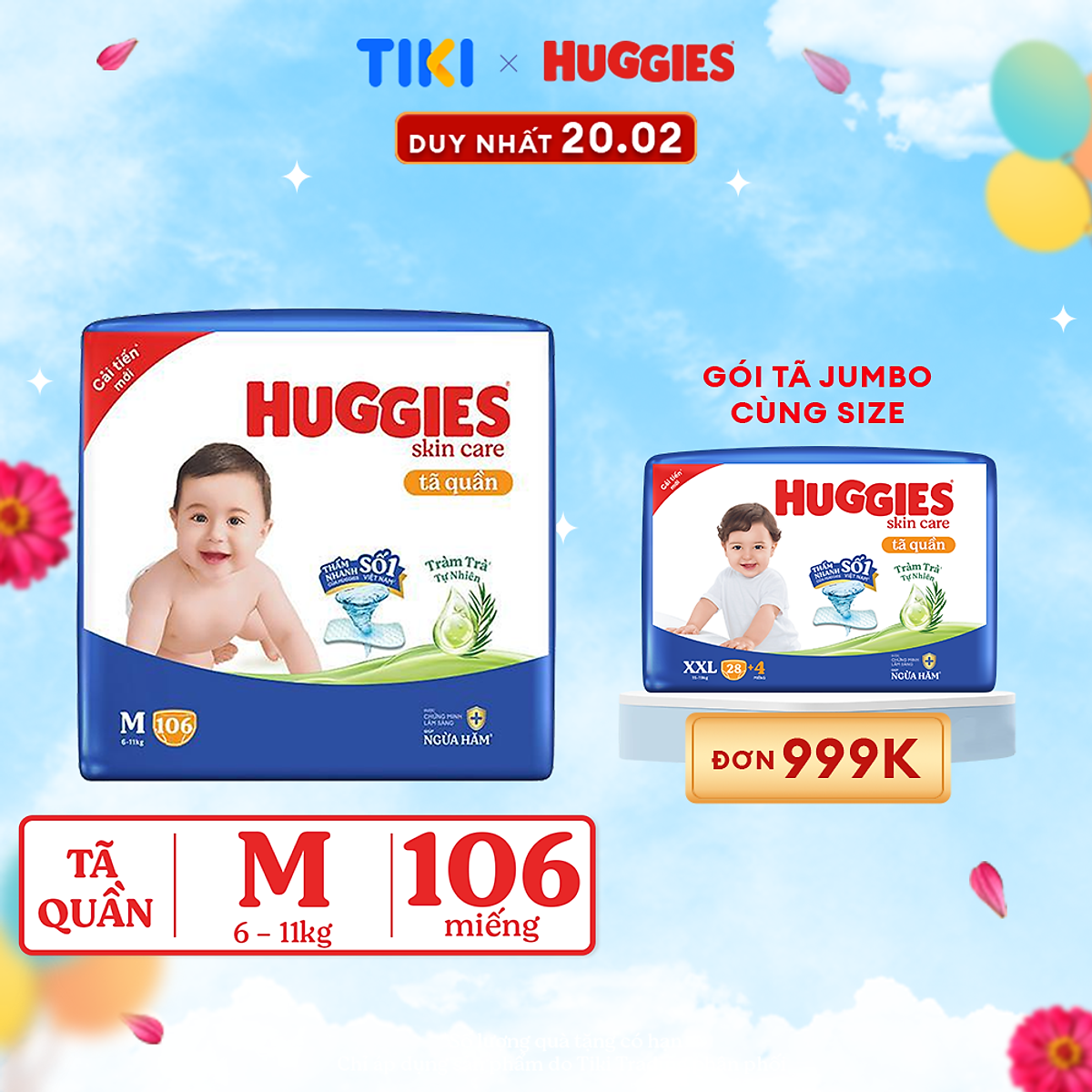 Tã/bỉm quần Huggies Skin Care Mega Jumbo M102+4 miếng với tràm trà dịu da