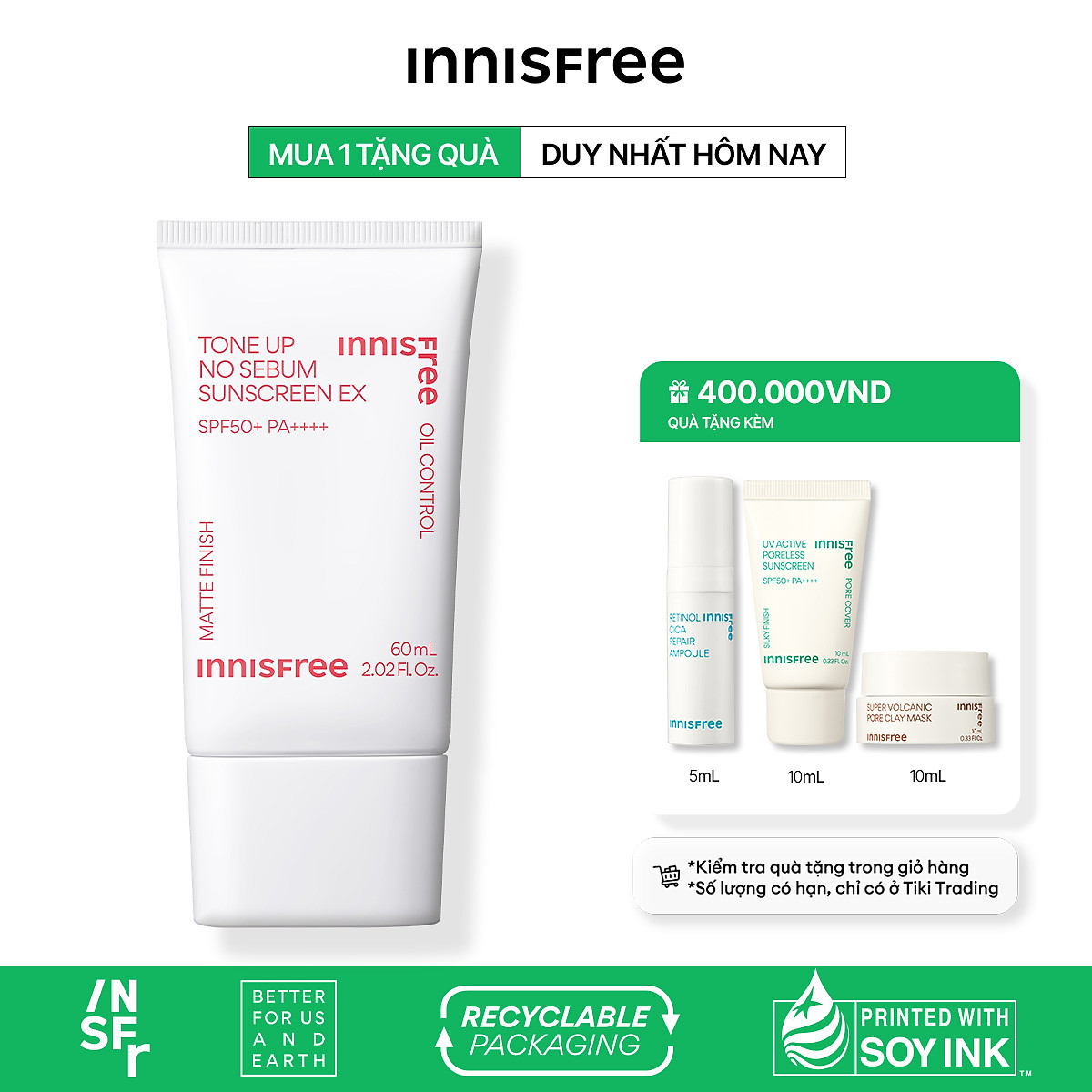 Kem chống nắng nâng tông kiềm dầu innisfree Tone Up No Sebum Sunscreen EX SPF 50+ PA++++ 60 mL (New 2023)