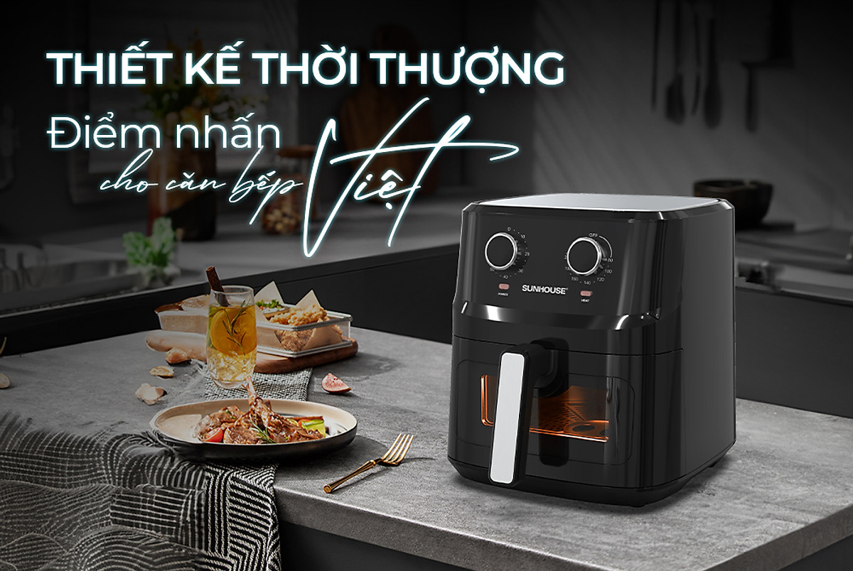 Nồi chiên không dầu 6.5L SUNHOUSE SHD4030 - Công nghệ Rapid Air giảm tới 80% dầu mỡ - Khoang chiên trong suốt - Hàng chính hãng