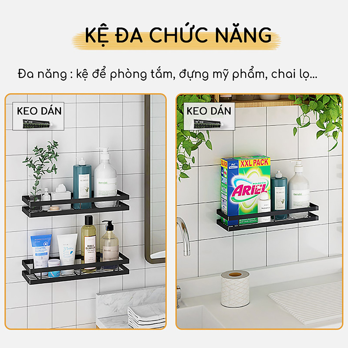 Kệ gia vị dán tường dài 30/40/50cm sơn đen tĩnh điện Vando chính hãng - kèm keo chuyên dụng kệ treo tường bằng thép carbon không gỉ, siêu chịu lực 30kg