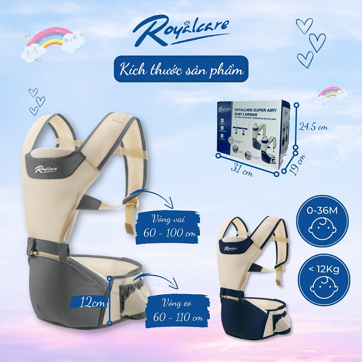 Địu ngồi trẻ em 4 tư thế lưới siêu thoáng Air mesh siêu thoáng Royalcare - 906 - cho bé 3 tháng tới 36 tháng - tặng khăn yếm cho bé