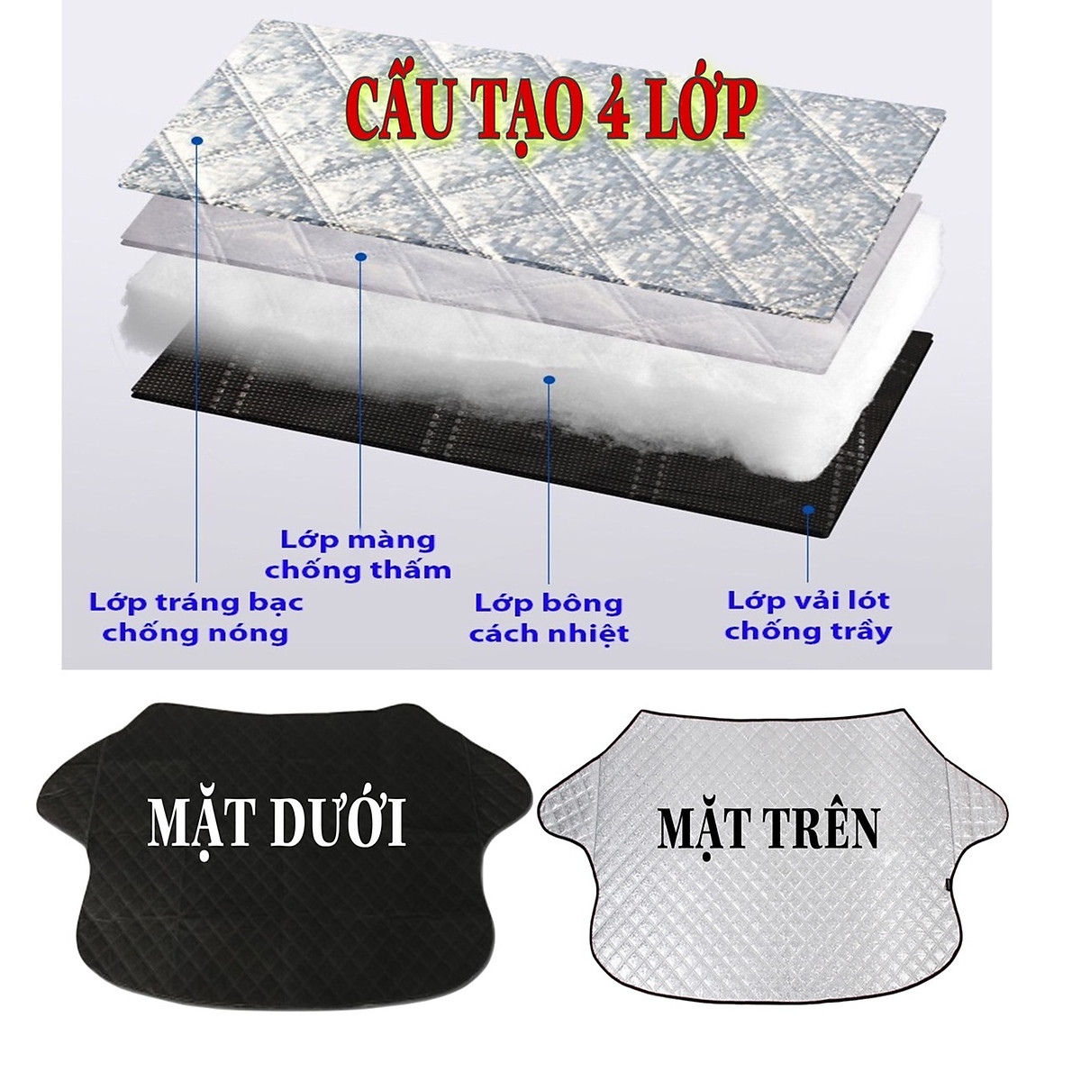 Tấm Bạt Che Nắng Kính Lái Ô Tô, Xe Hơi Tráng Bạc 4 Lớp Chống Nóng Cách Nhiệt Tránh Tia UV Bảo vệ Xe
