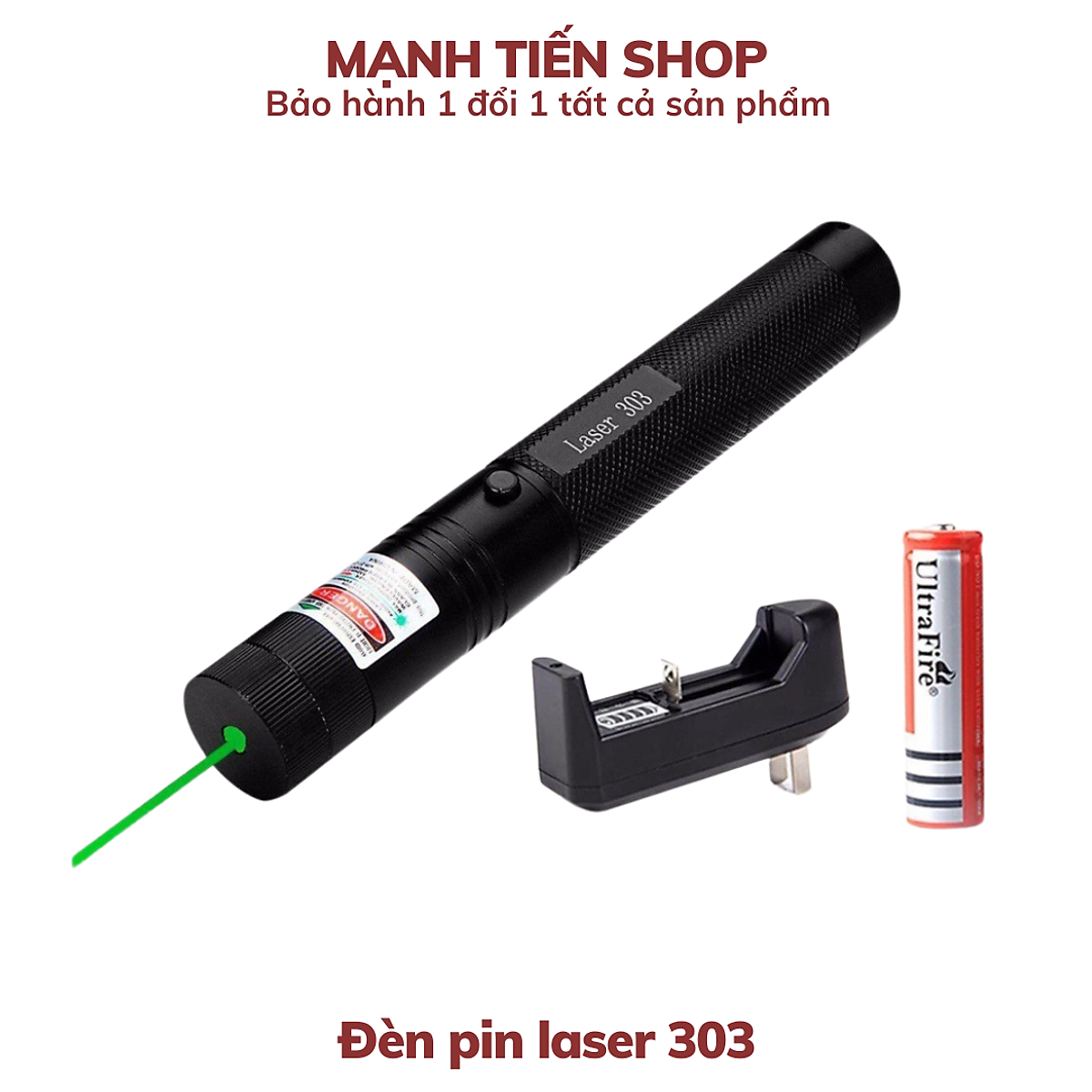 Đèn pin laser 303 siêu sáng gồm pin, sạc và khóa - Đèn lazer 303 tia Xanh lá - Hàng chính hãng