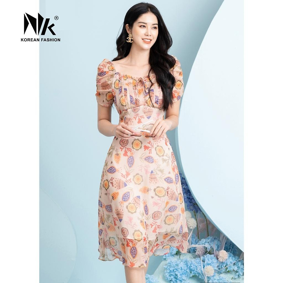 Đầm Hoa Xòe Phối Ngực Nhún NK Fashion Thiết Kế Cổ Vuông Nữ Tính ...