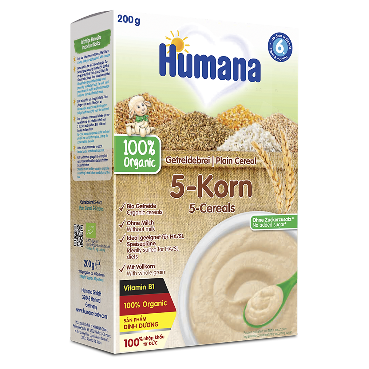 Bột ăn dặm dinh dưỡng Humana 5 loại ngũ cốc GETREIDEBREI 5 - KORN- Nhập khẩu 100% từ Đức.