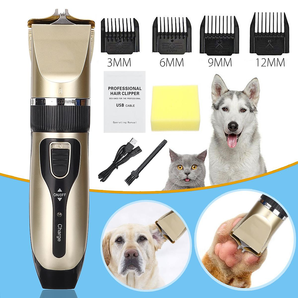 Mua Professional Pet Cat Dog Claw Ear Hair Clipper Grooming Electric USB  Rechargeable Trimmer Kit with 3/6/9/12 mm Limit Combs