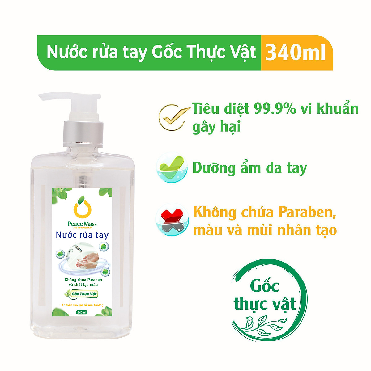 Nước Rửa Tay Gốc Thực Vật Peace Mass (Thuộc nhóm Sản phẩm Lành tính / Hữu cơ/ Sinh học) Chai 340ml