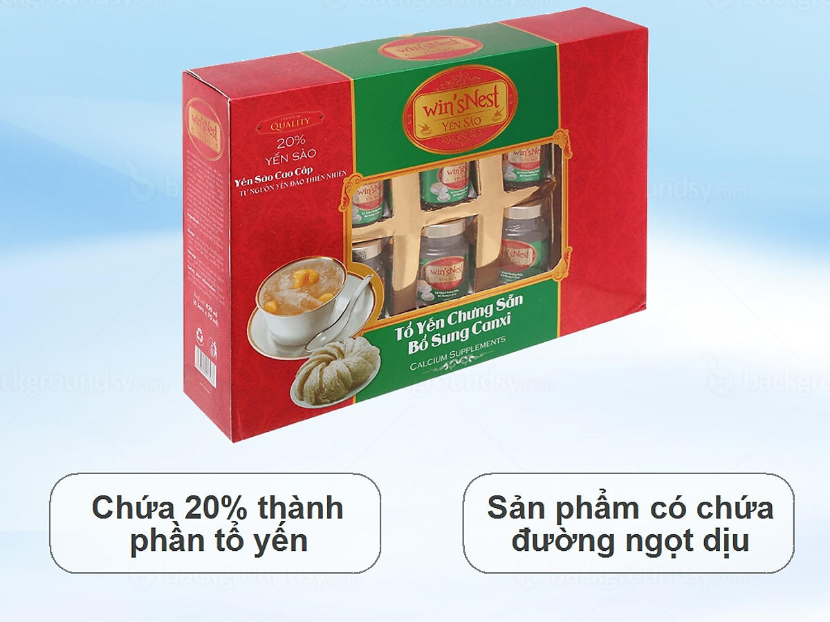 Yến Sào cao cấp win'snest Tổ Yến Chưng Sẵn Bổ Sung Canxi 20% (6 Lọ/Hộp) thích hợp cho người lớn bổ sung canxi và khoáng chất ngừa loãng xương, chống lão hóa.