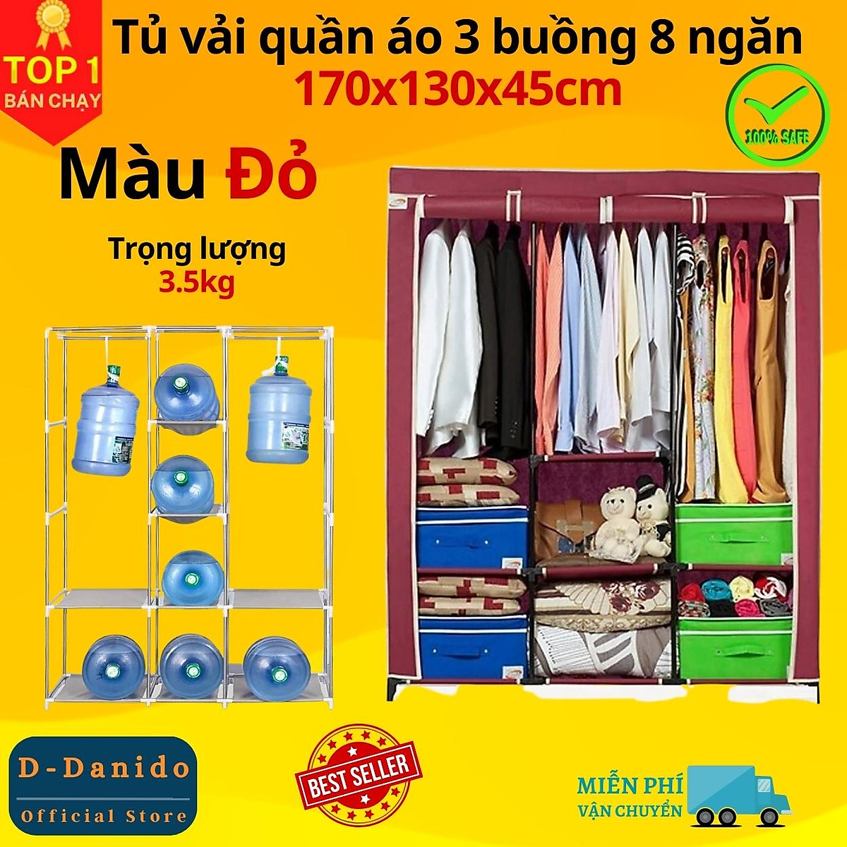Tủ Vải Quần Áo 3 Buồng 8 Ngăn To, Bền - Hàng Chính Hãng