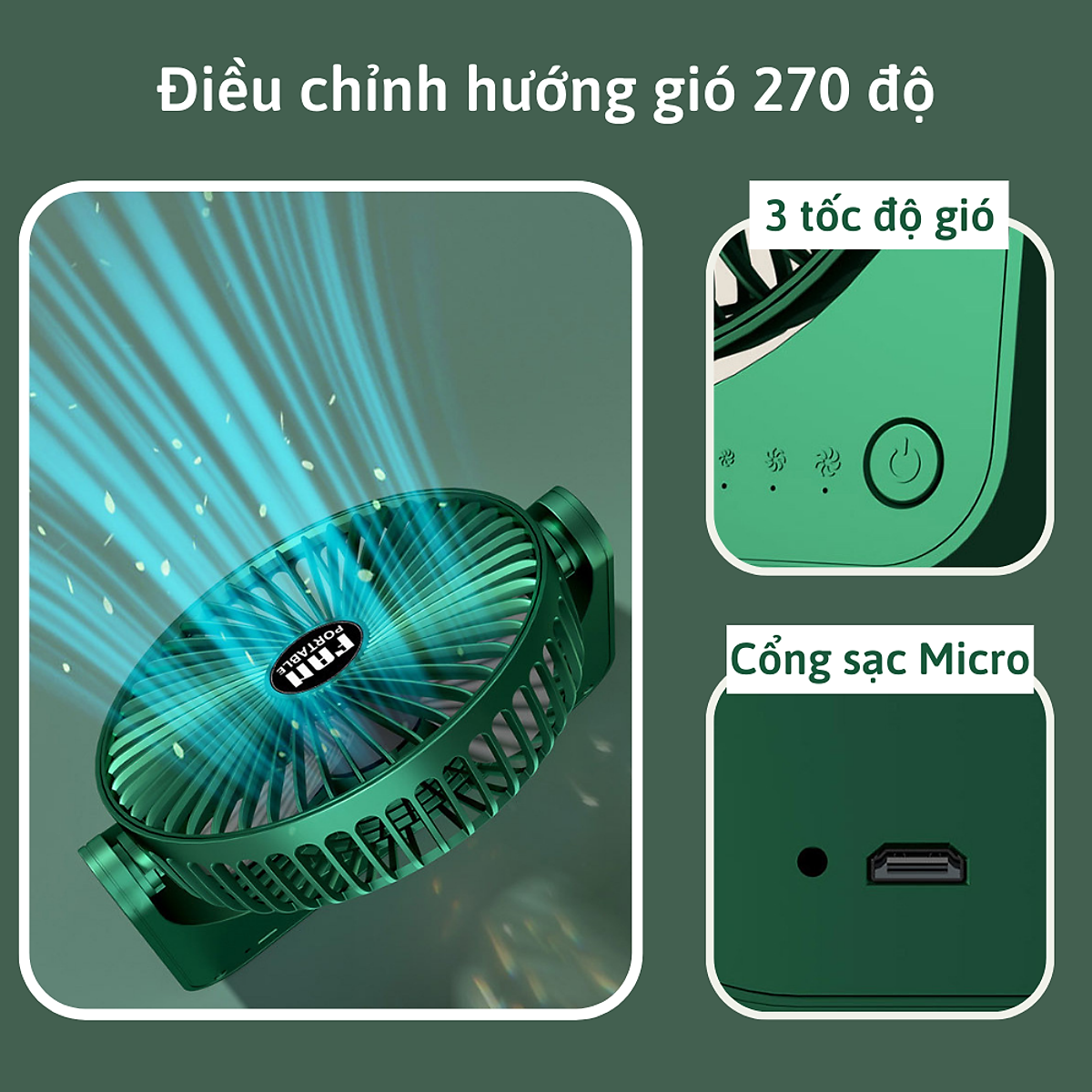 Quạt mini để bàn, quạt tích điện usb CTFAST V01,điều chỉnh xoay 210 độ, không gây ồn, pin sạc dung lượng cao - Hàng chính hãng