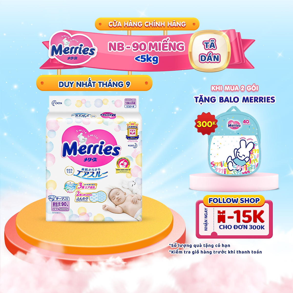 Tã/Bỉm Dán Merries Size NB 90 miếng (dành cho bé sơ sinh - 5 kg)