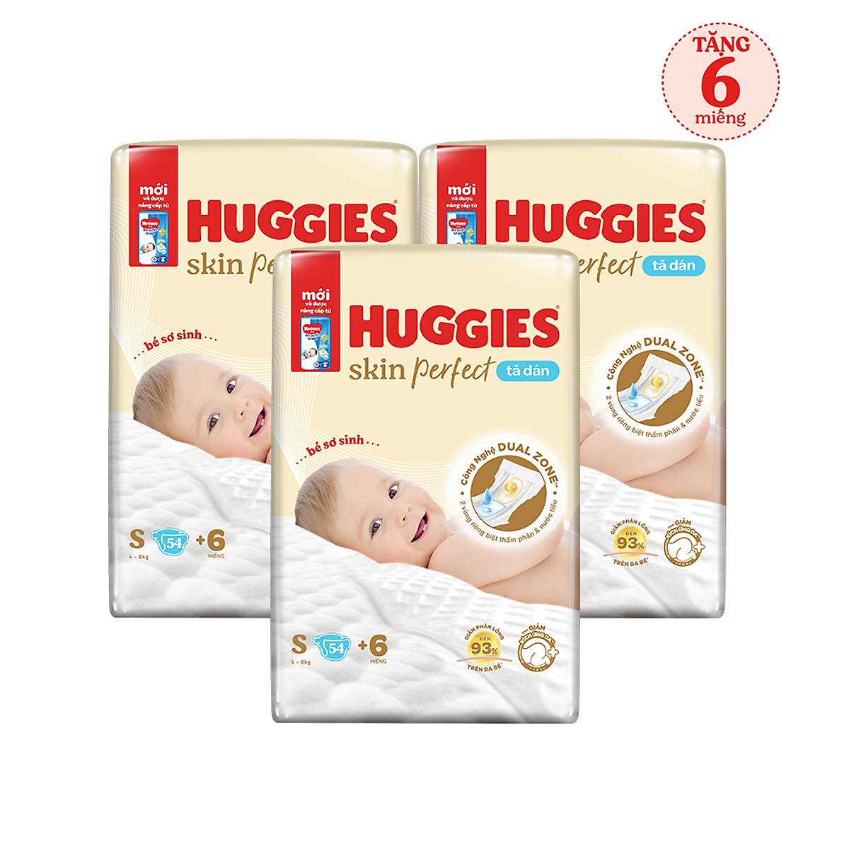 Combo 3 gói Tã/bỉm dán sơ sinh Huggies Skin Perfect S 54+6 miếng với 2 vùng thấm giảm kích ứng da