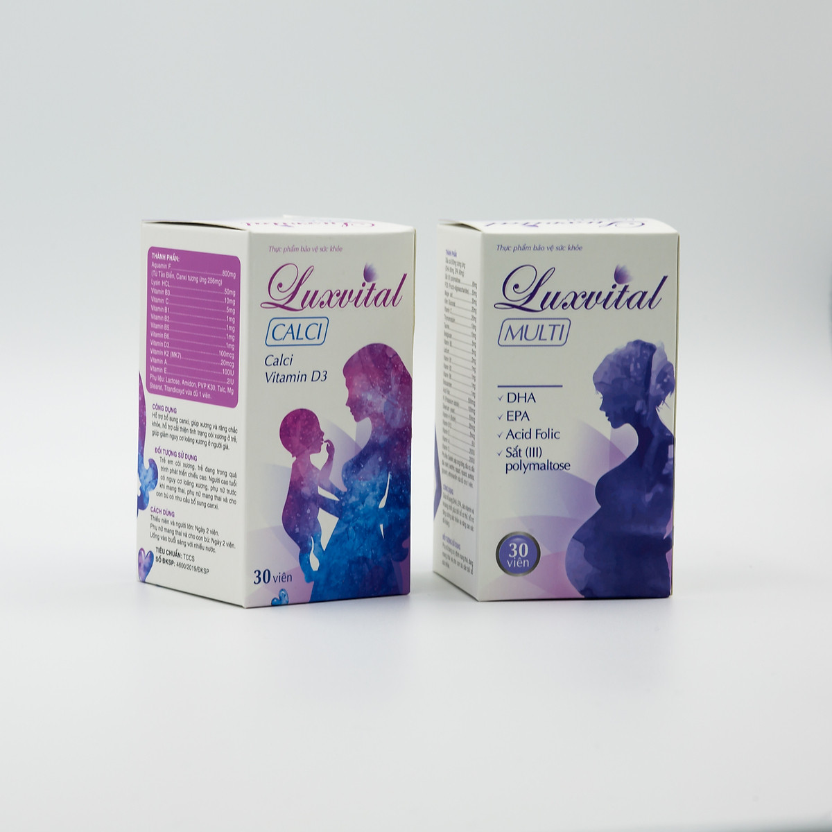 Hai hộp thực phẩm Luxvital Multi và Luxvital Calci bổ sung dinh dưỡng cho mẹ và bé
