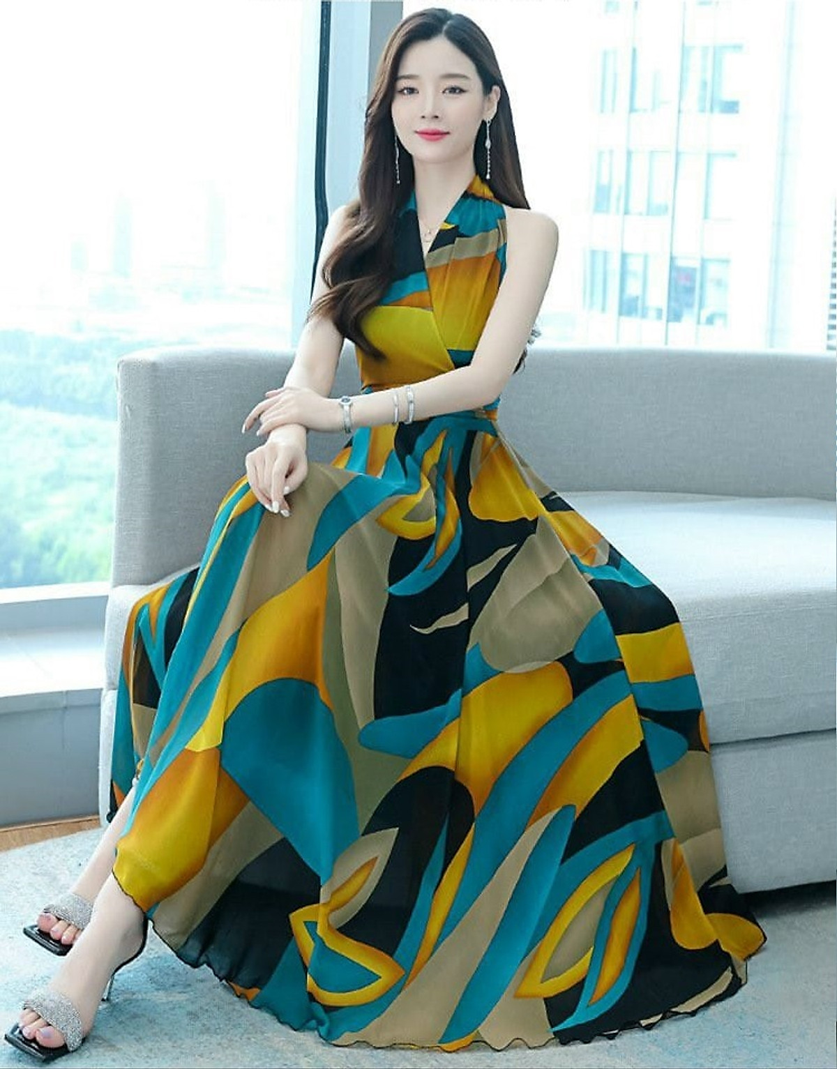 ĐẦM MAXI VOAN HỌA TIẾT CỔ ĐẮP CHÉP