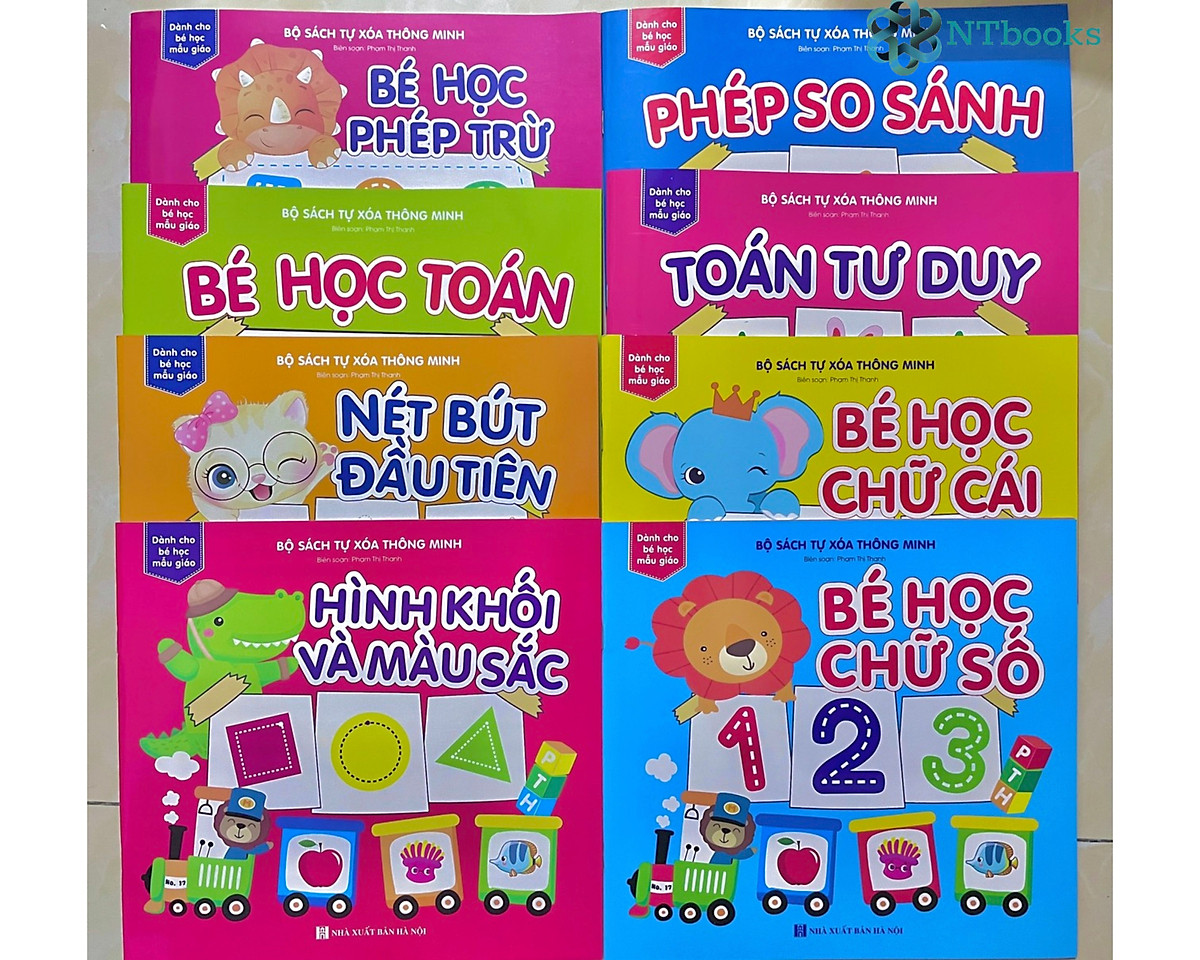 Combo 8 cuốn Sách tự xóa: Chữ cái - Toán - Chữ số - Hình khối & Màu sắc - Bé học phép trừ - Phép so sánh - Bé học toán - Toán tư duy (tặng kèm bút) - NTbooks