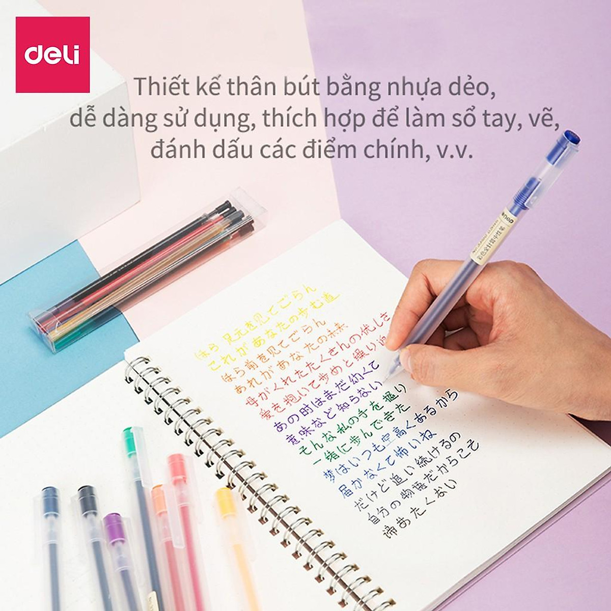 Bút gel 0.5mm nhiều màu Deli - có nắp gài - 1 chiếc - Đỏ/ Xanh Dương/ Xanh Lá/ Tím/ Cam - A119 .