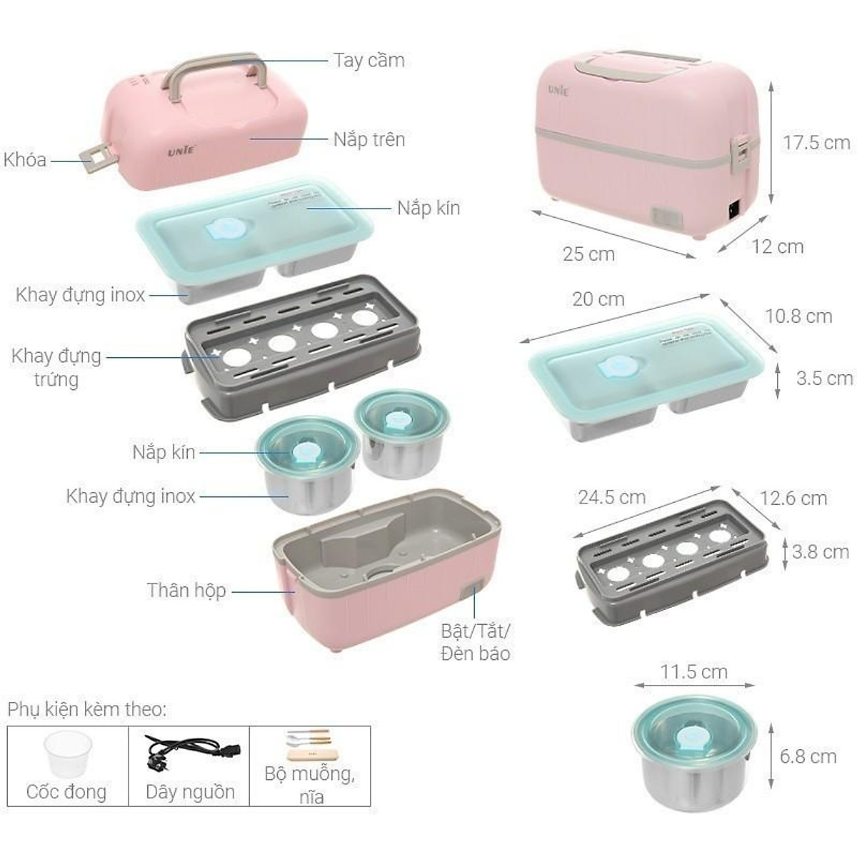 Hộp cơm cắm điện văn phòng UNIE UV hộp đựng cơm giữ nhiệt 2 tầng 4 ngăn inox