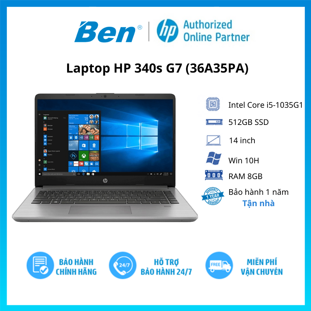 Laptop HP 340s G7 i5 1035G1/8GB/512GB/14"F/Win10/(36A35PA)/Xám - Hàng chính hãng