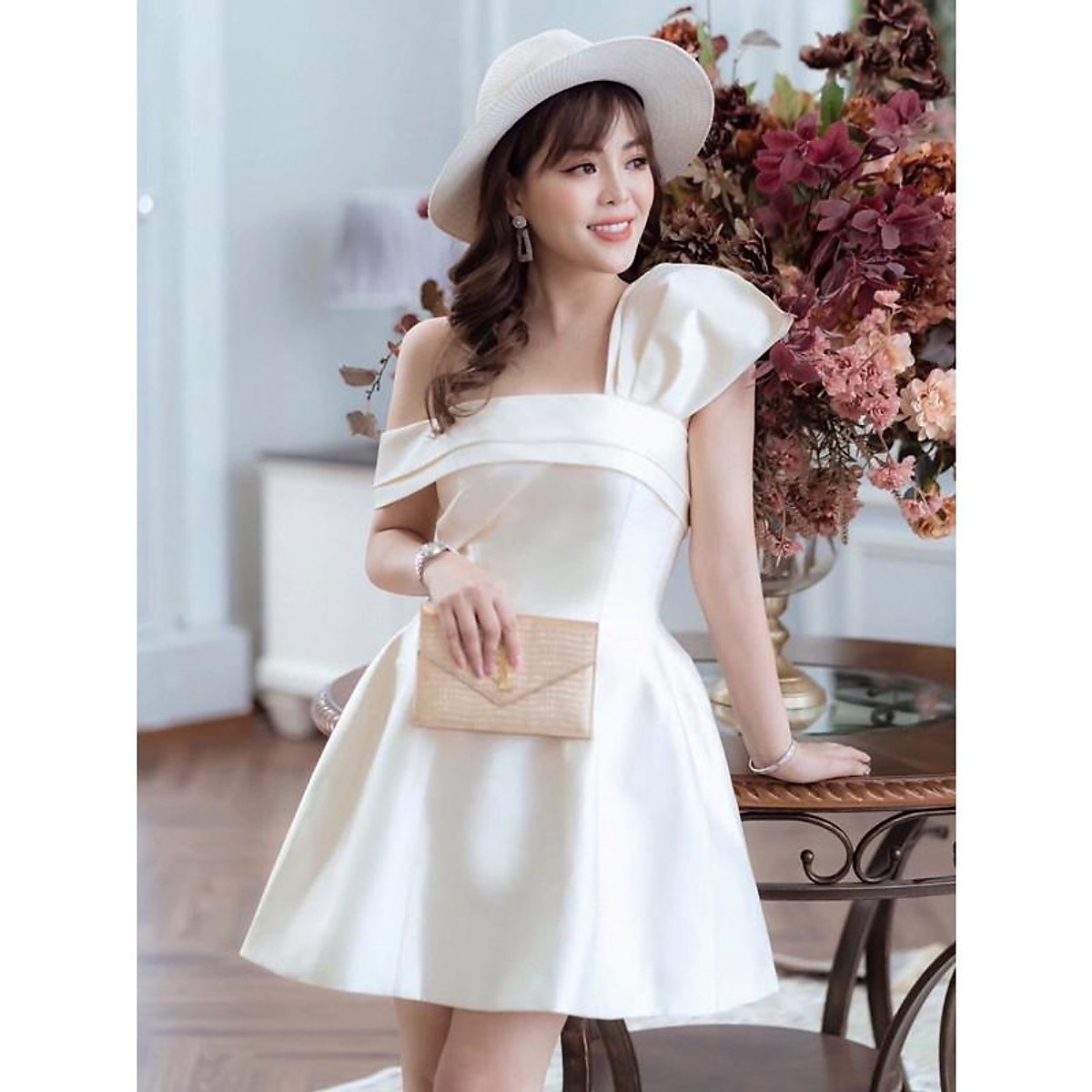 Đầm dự tiệc đầm sang trọng dáng xoè Taffta nơ ngực chéo vai đi chơi dạo phố công sở MN95 - Đầm Váy Mina